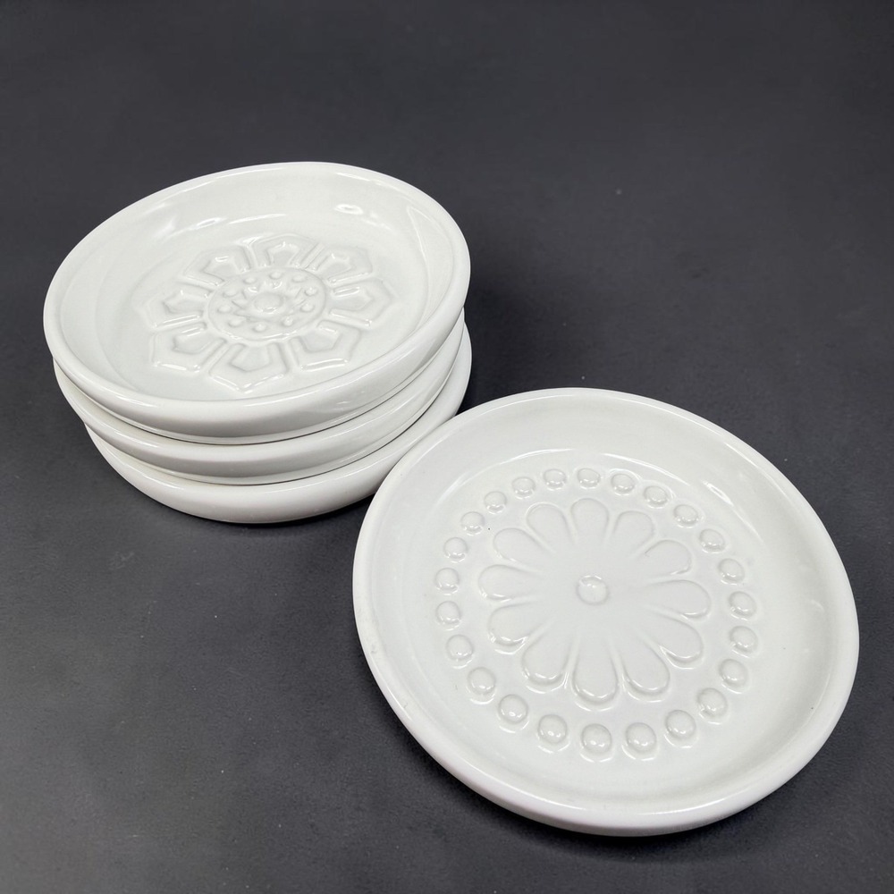IKEA White Ceramic Butter Dishes Set of 4 Embossed Floral Trinket Dishes 3inch